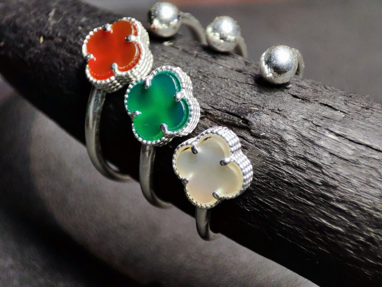 Adjustable Sterling Silver Four-Leaf Clover Ring: 5 Colors, Elegant & Everyday Chic